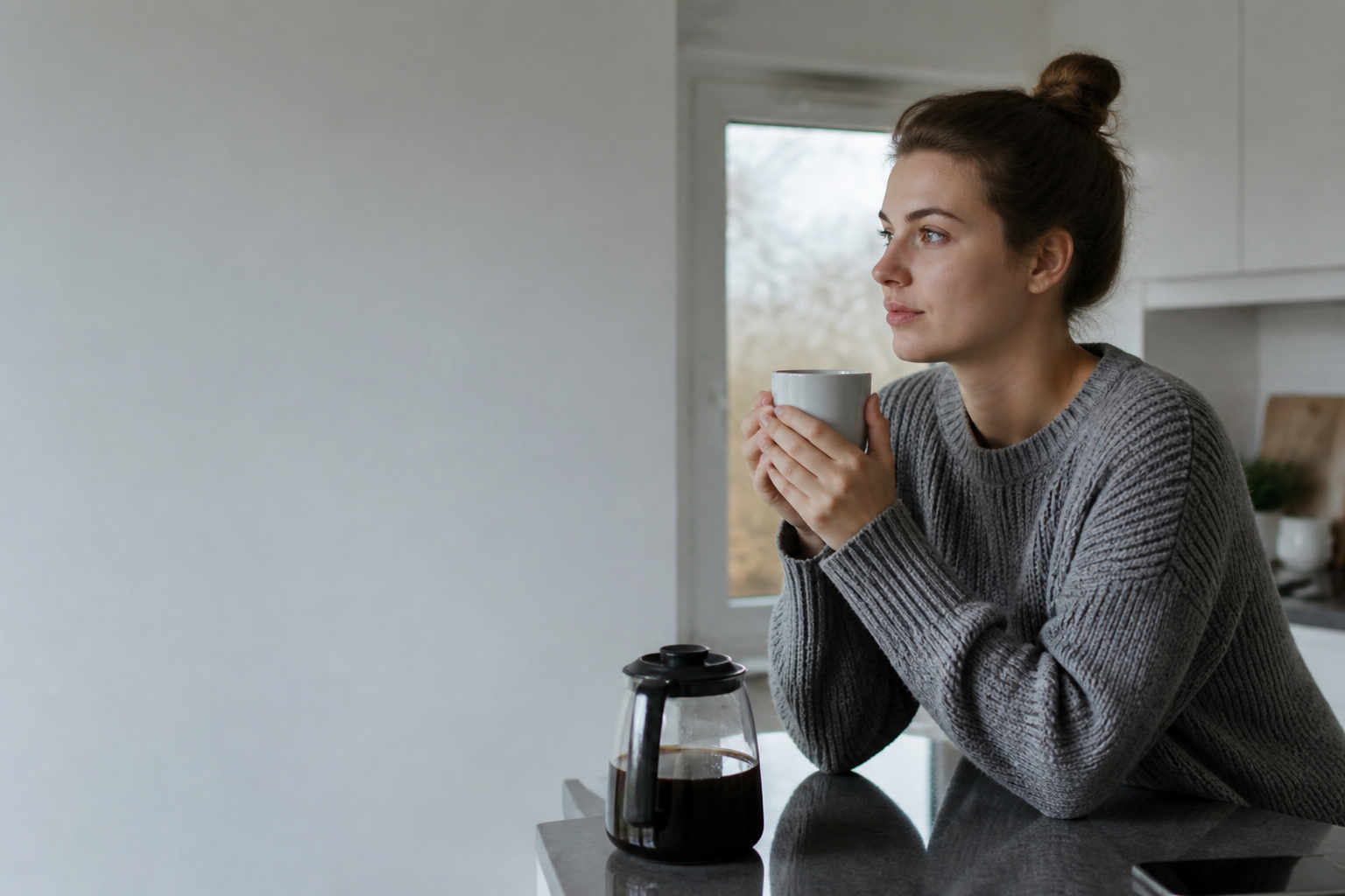 Pensive, calm woman — not sad, not crying